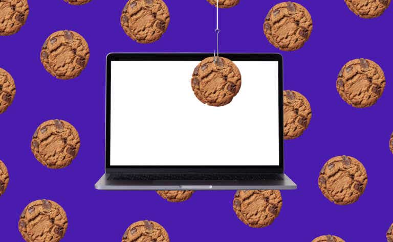 image of a laptop with a cookie dangling in front of it and cookies in the background