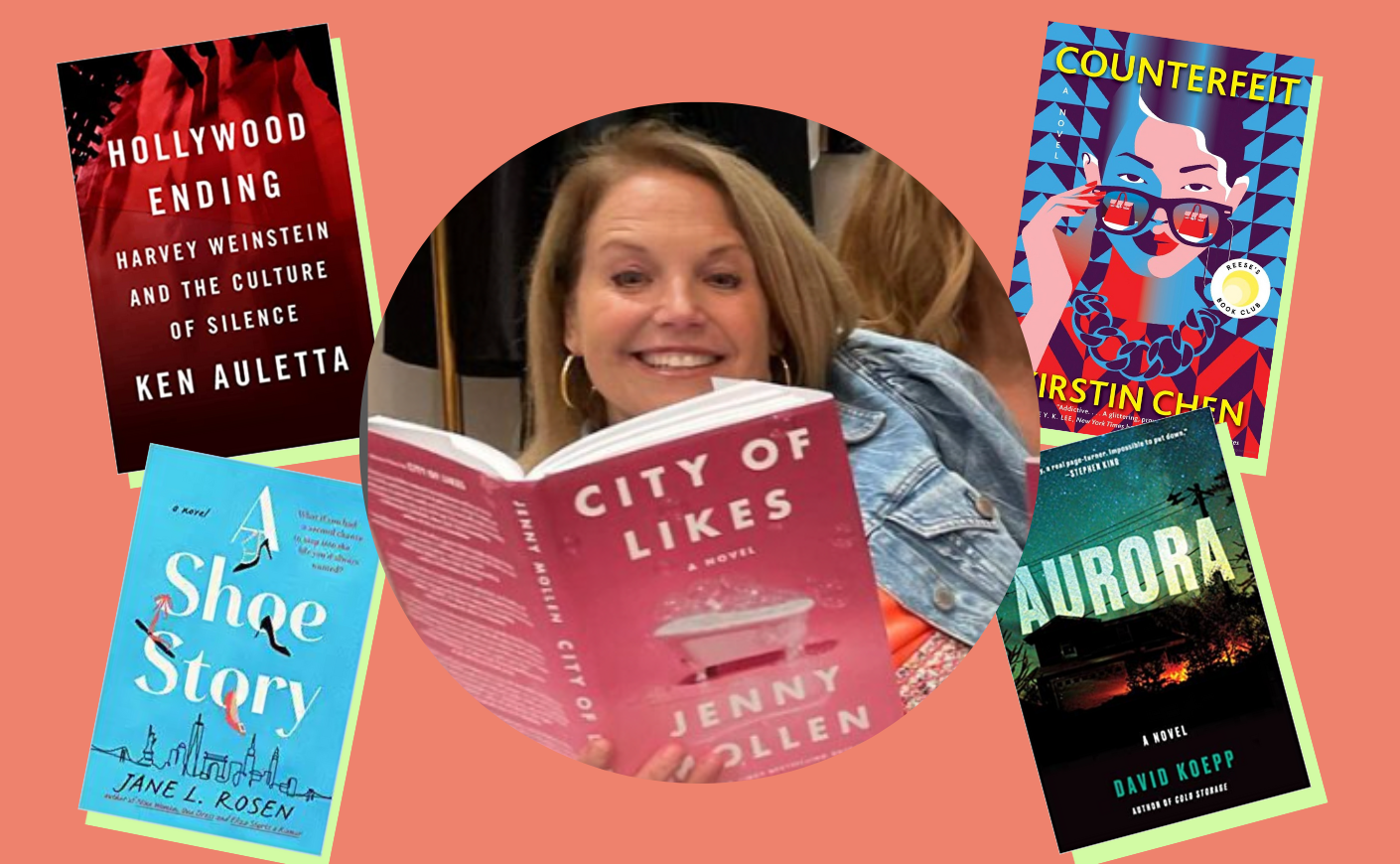 a picture of katie reading "City of Likes" with other books surrounding her