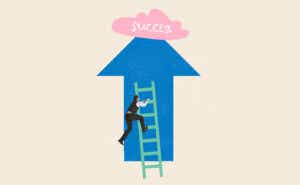 a man climbing up a ladder toward the word success