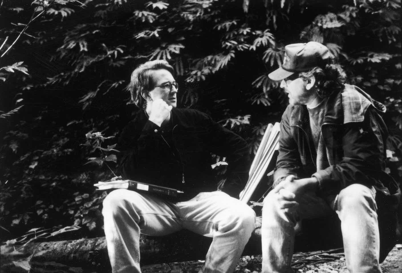 American director Steven Spielberg speaks with assistant director David Koepp (left) on the set of Spielberg's film, 'The Lost World: Jurassic Park,' 1997. 