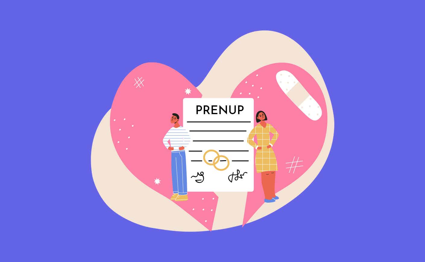illustration of a couple standing on either side of a prenup contract