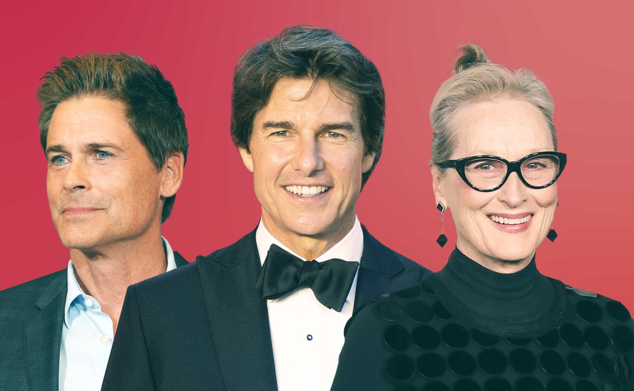 Actors Tom Cruise, Meryl Streep, and Kevin Bacon are pictured in front of a red background.