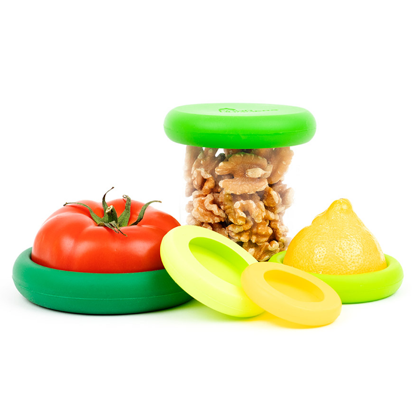 Three clear food storage containers full of food have bright green, twist-on lids.