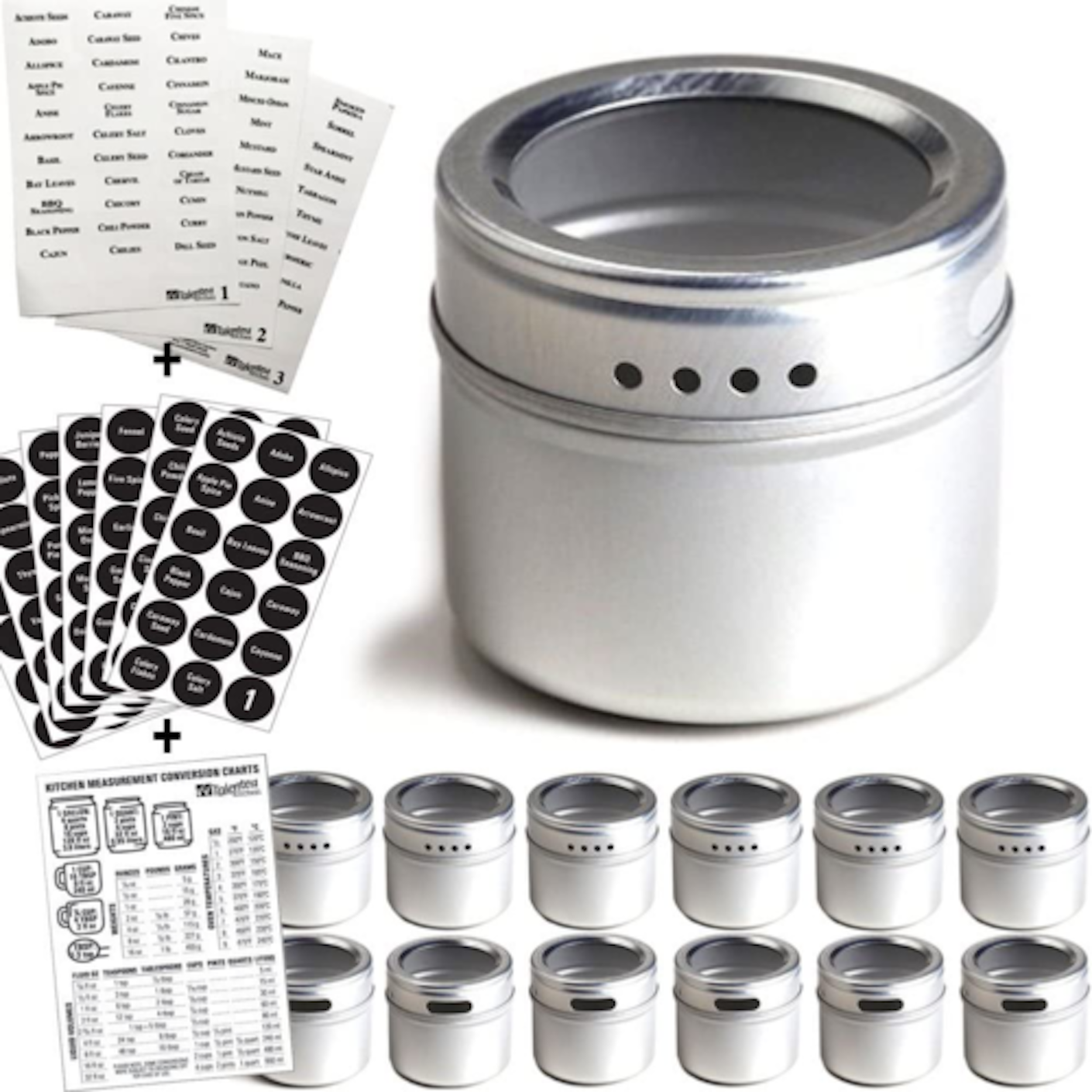 A set of cylindrical silver food containers pictured in front of a white background.