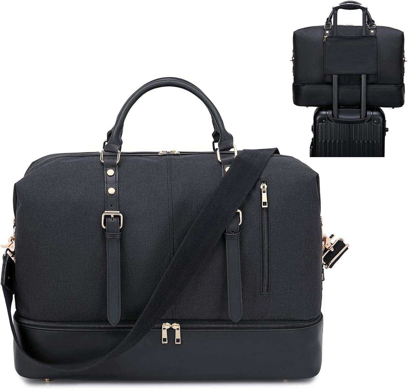 A black holdall with gold hardware, shown both closed and open against a white background.