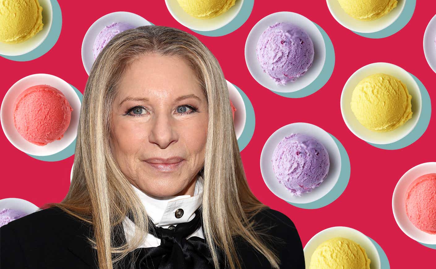 barbra streisand in front of a backdrop of ice cream