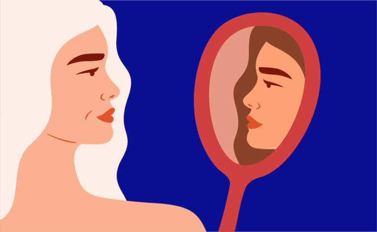 illustration of a woman looking at a younger version of herself in the mirror