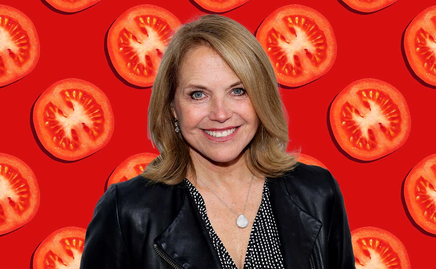 Katie Couric on background of tomatoes