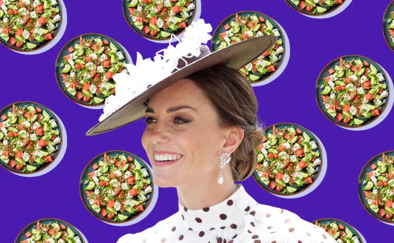 kate middleton in front of a backdrop of salads