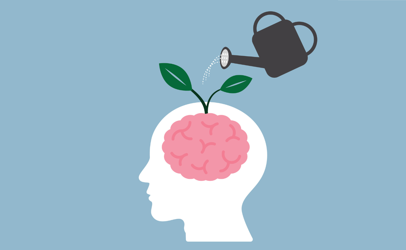 Illustration of a watering can and a brain with a plant growing out of it