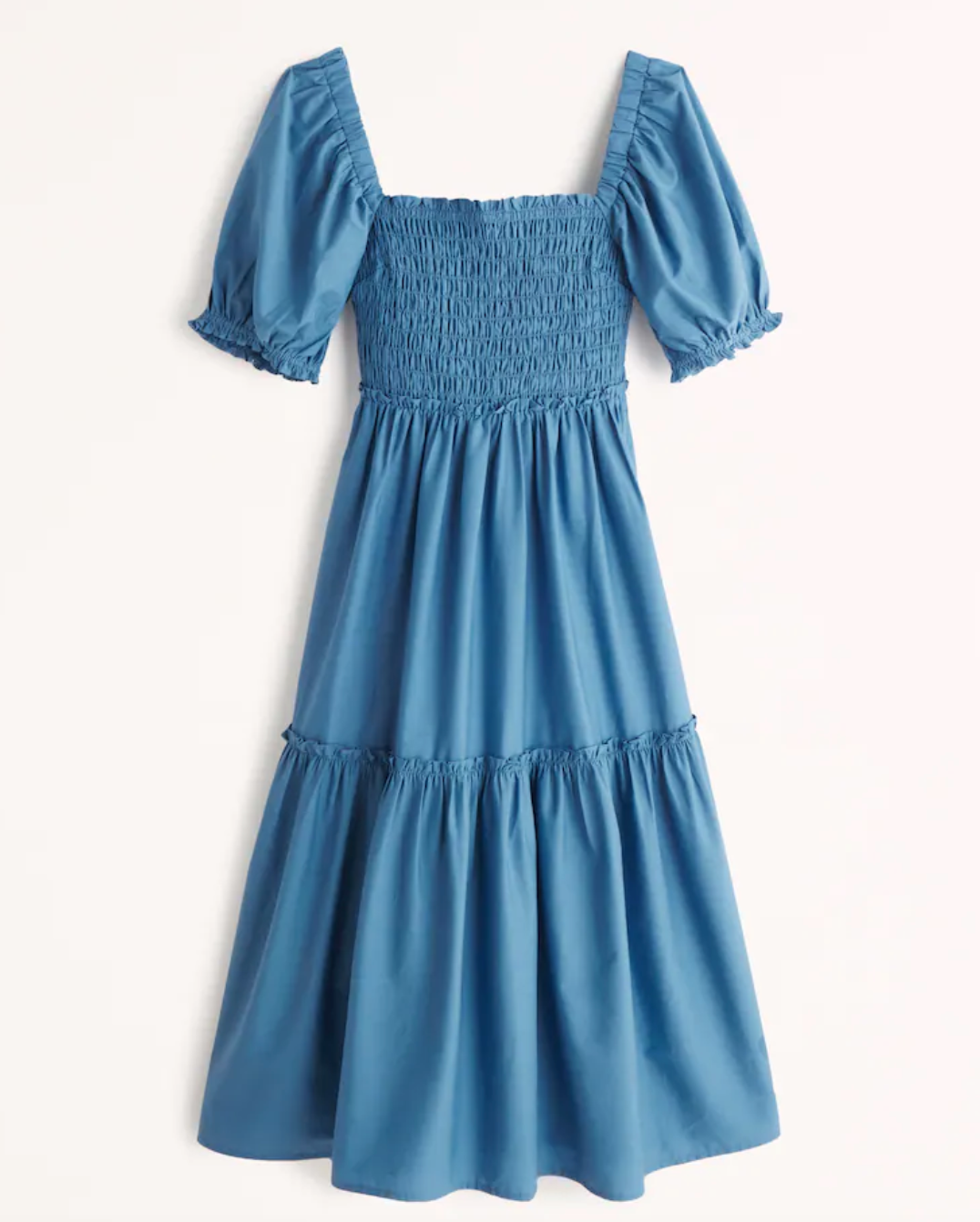 Puff Sleeve Smocked Bodice Midi Dress in blue