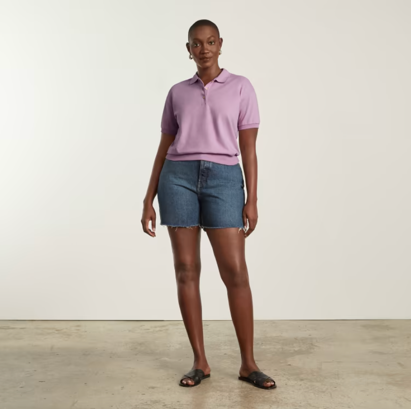 model in purple everlane polo shirt