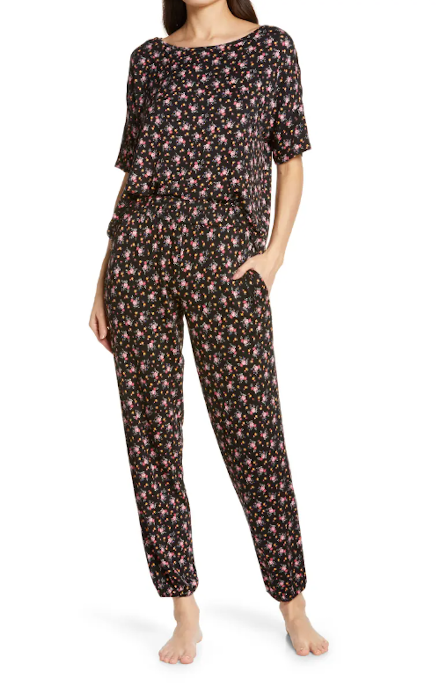 woman wearing a floral pajama set