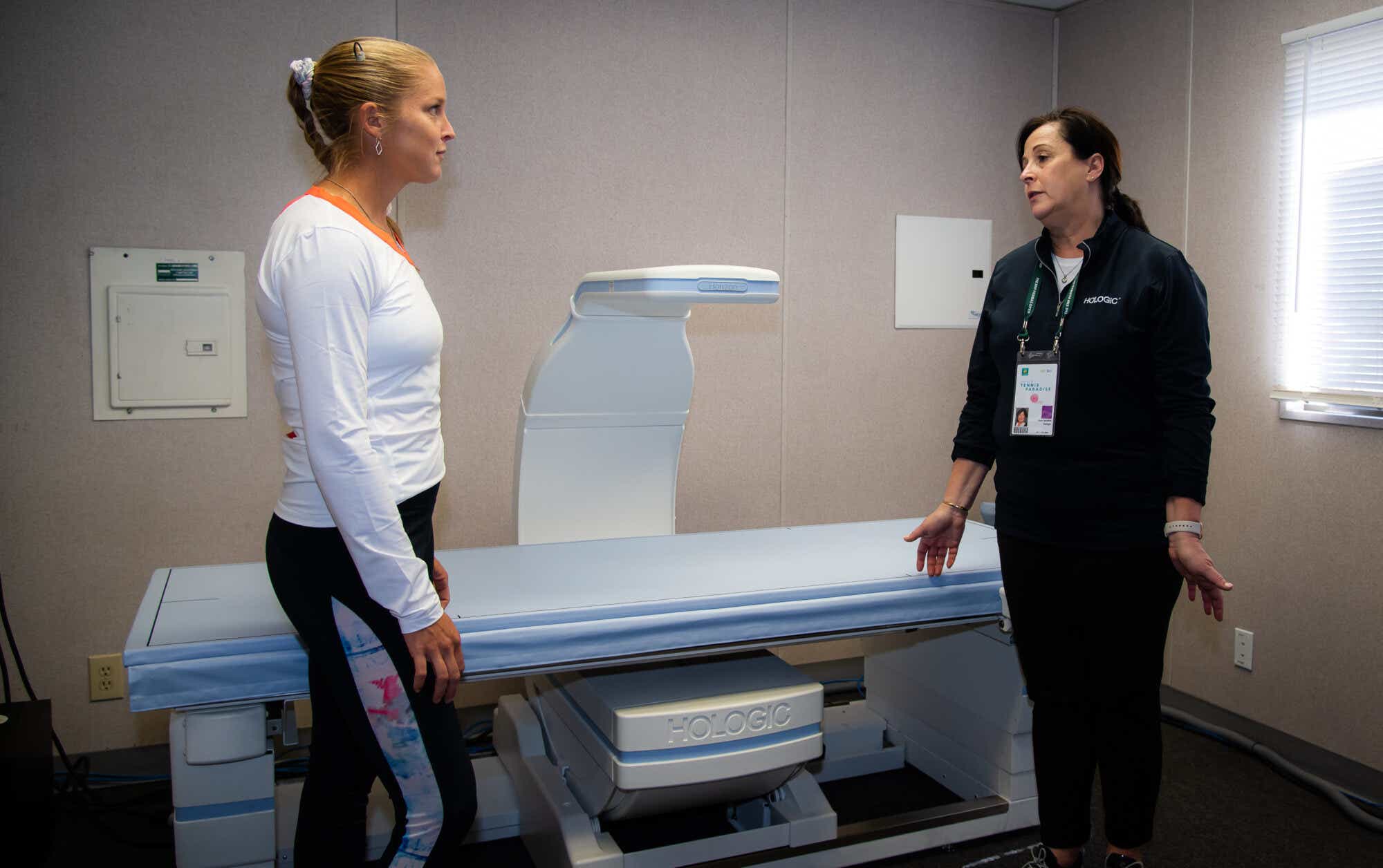 WTA player Shelby Rogers discussing a DXA scan as part of her physical at the tennis tournament in Indian Wells, California in March 2022.