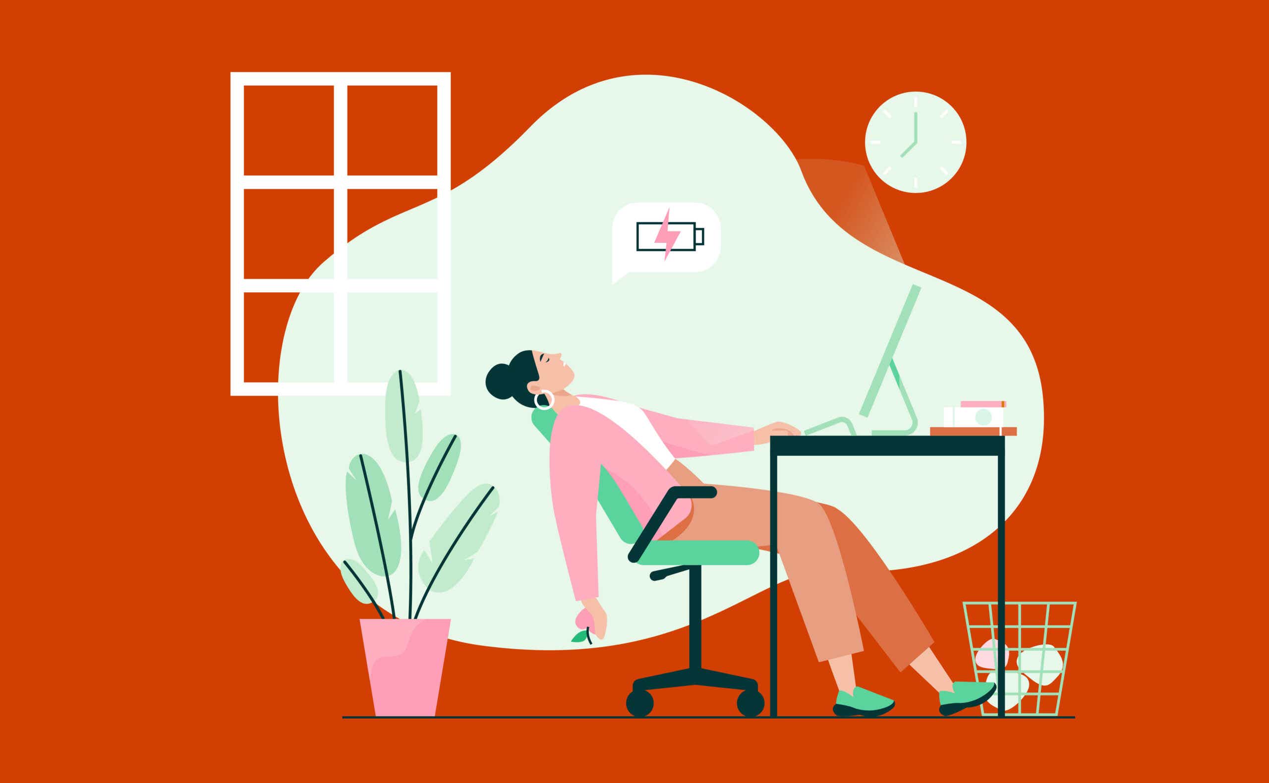 Illustration of girl leaning back in desk chair, with speech bubble with low battery icon