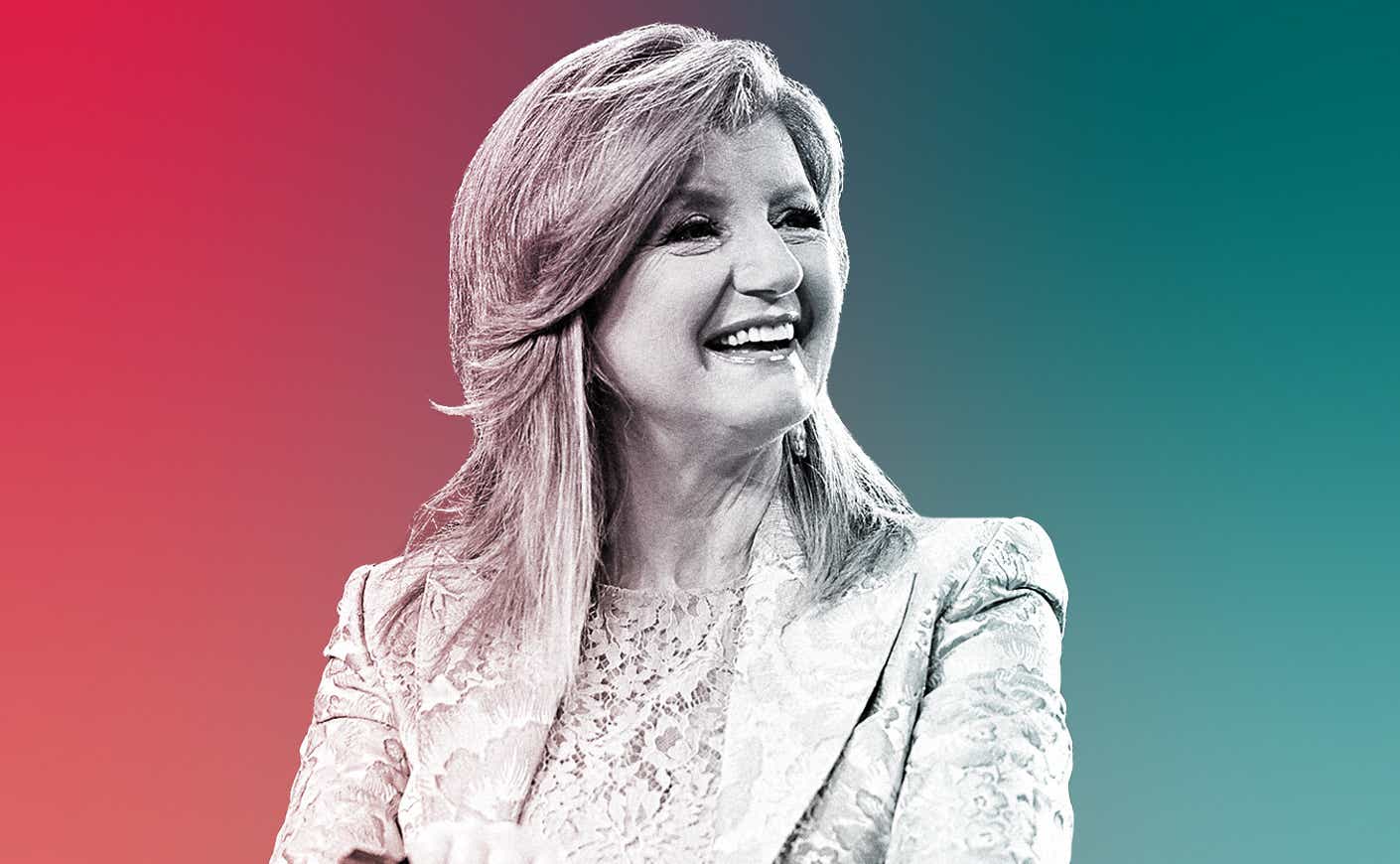 A black and white image of Ariana Huffington smiling superimposed over a red and green background.