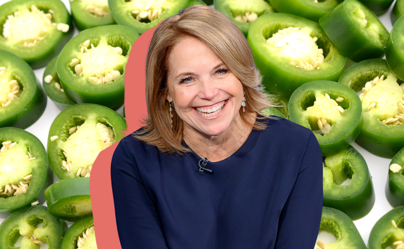 Katie Couric smiles widely in front of a background of sliced green jalapeno peppers.