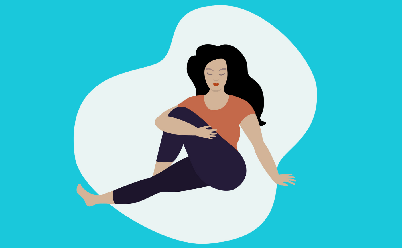 A peaceful looking cartoon woman performs an easy hip opening stretch.