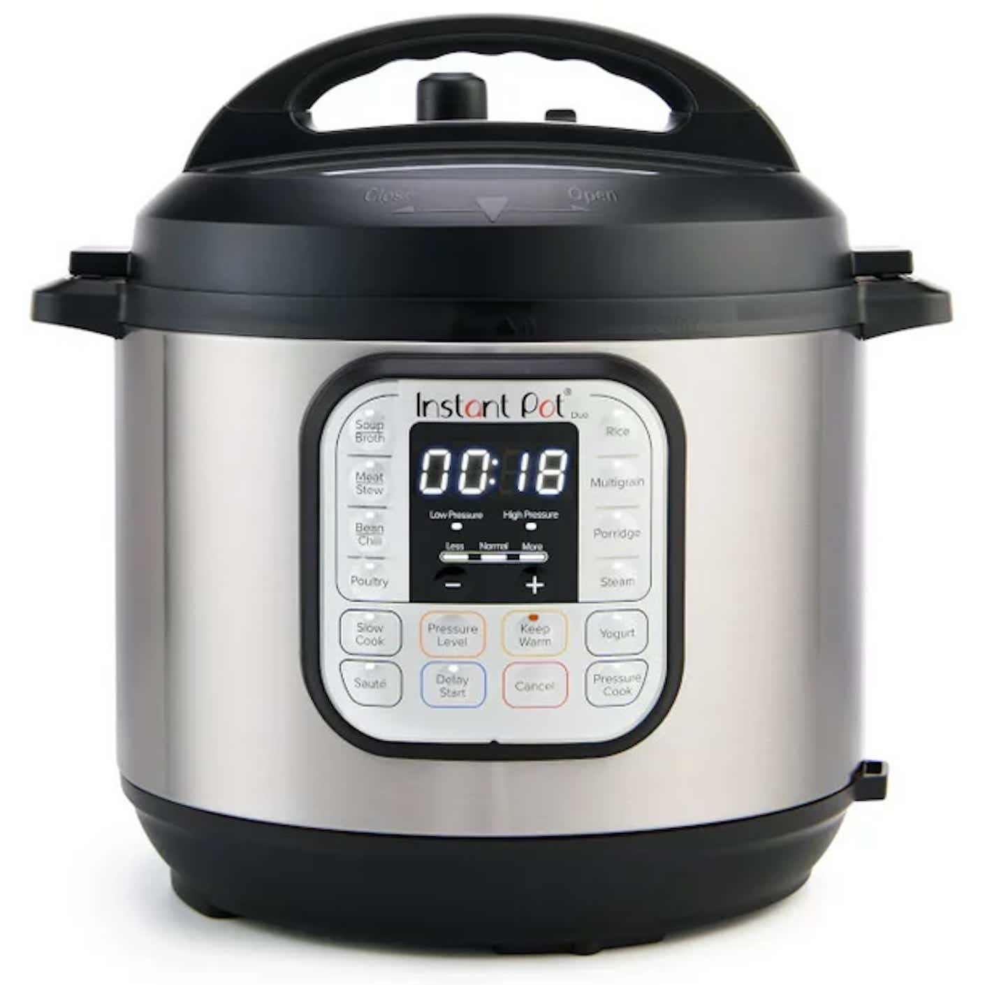 A metal Instant Pot with black accents shown in front of a white background.