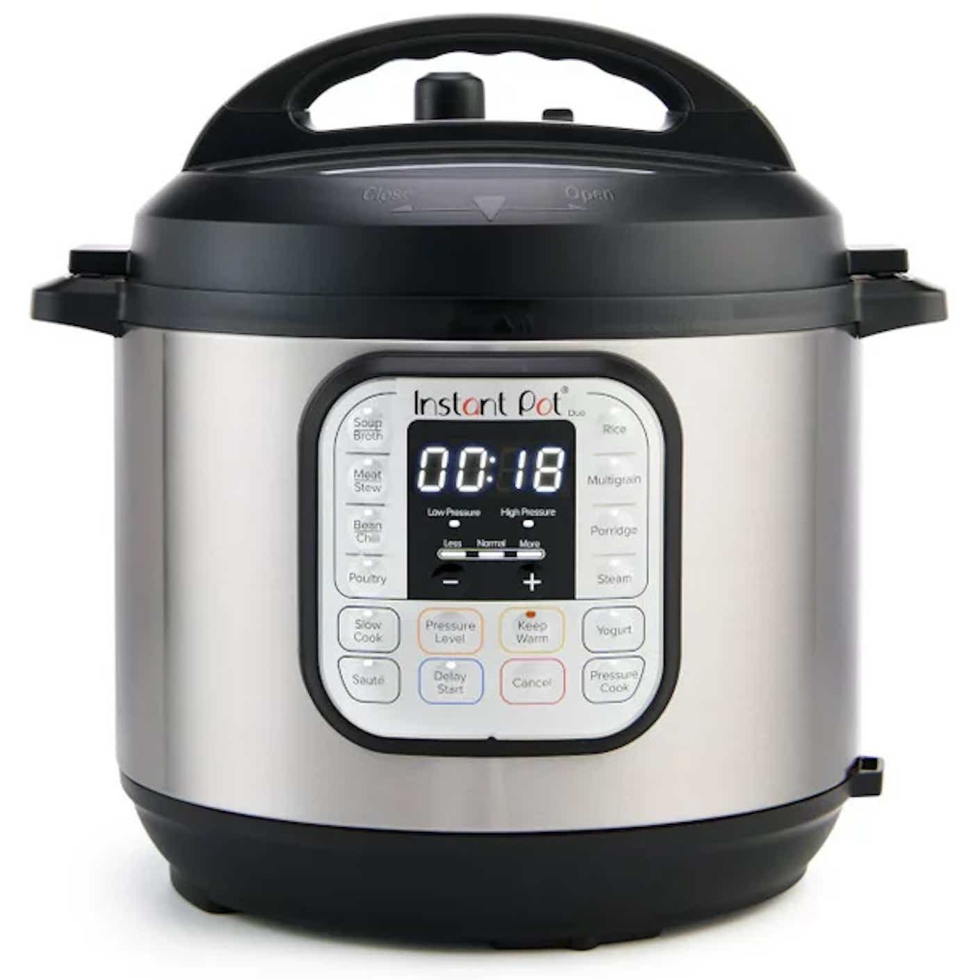 A metal instant pot with black accents pictured in front of a white background.