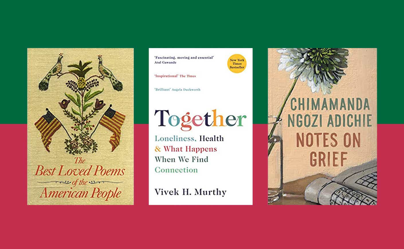 Three copies of different books facing forward appear in front of a red and green background.