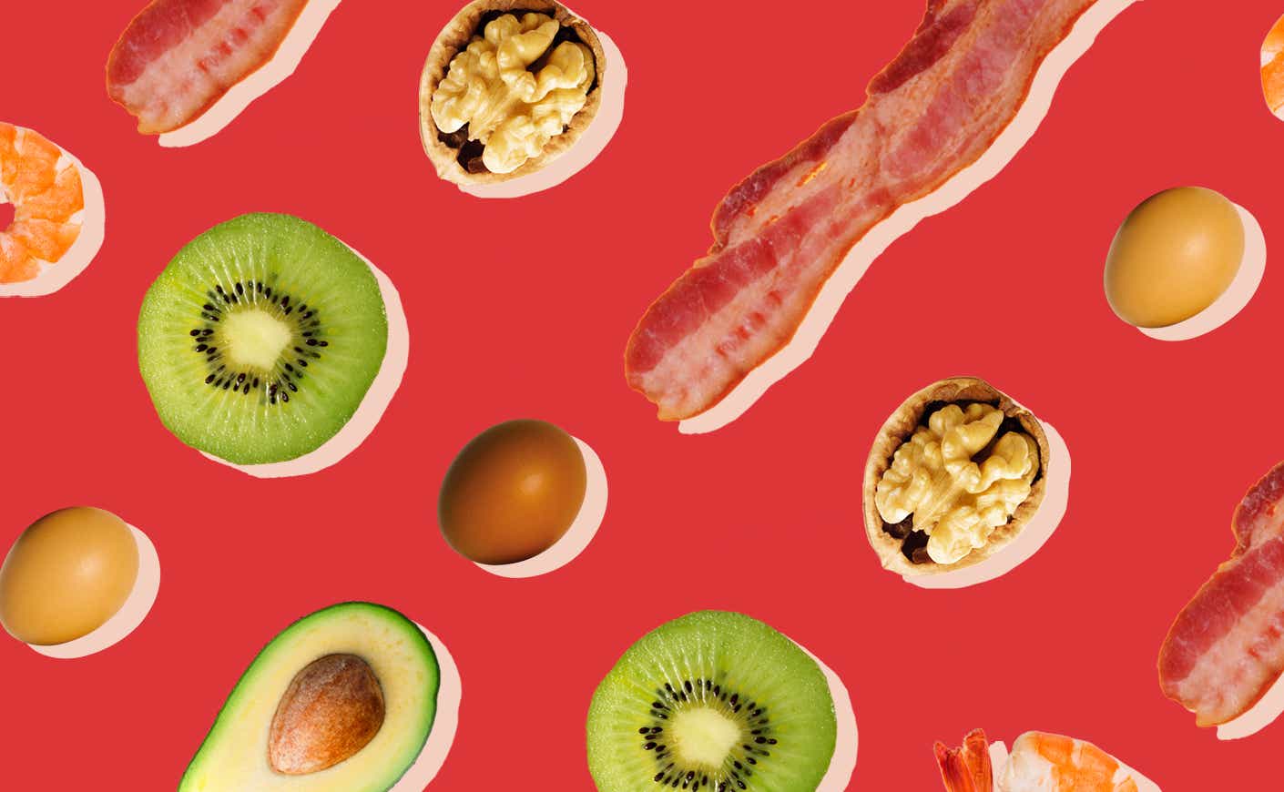 Images of keto foods (eggs, walnuts, bacon, and kiwi slices) float in front of a red background.