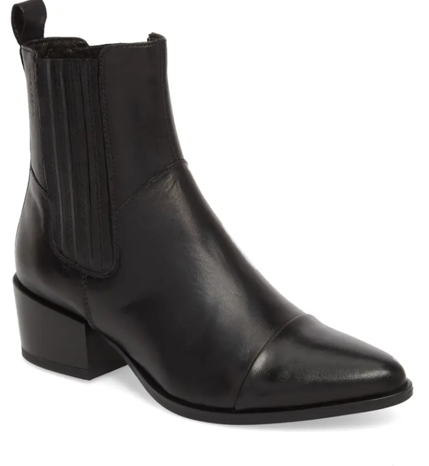 A pair of black leather ankle booties with pointed toes and a 2.5 inch heel pictured in front of a white background.