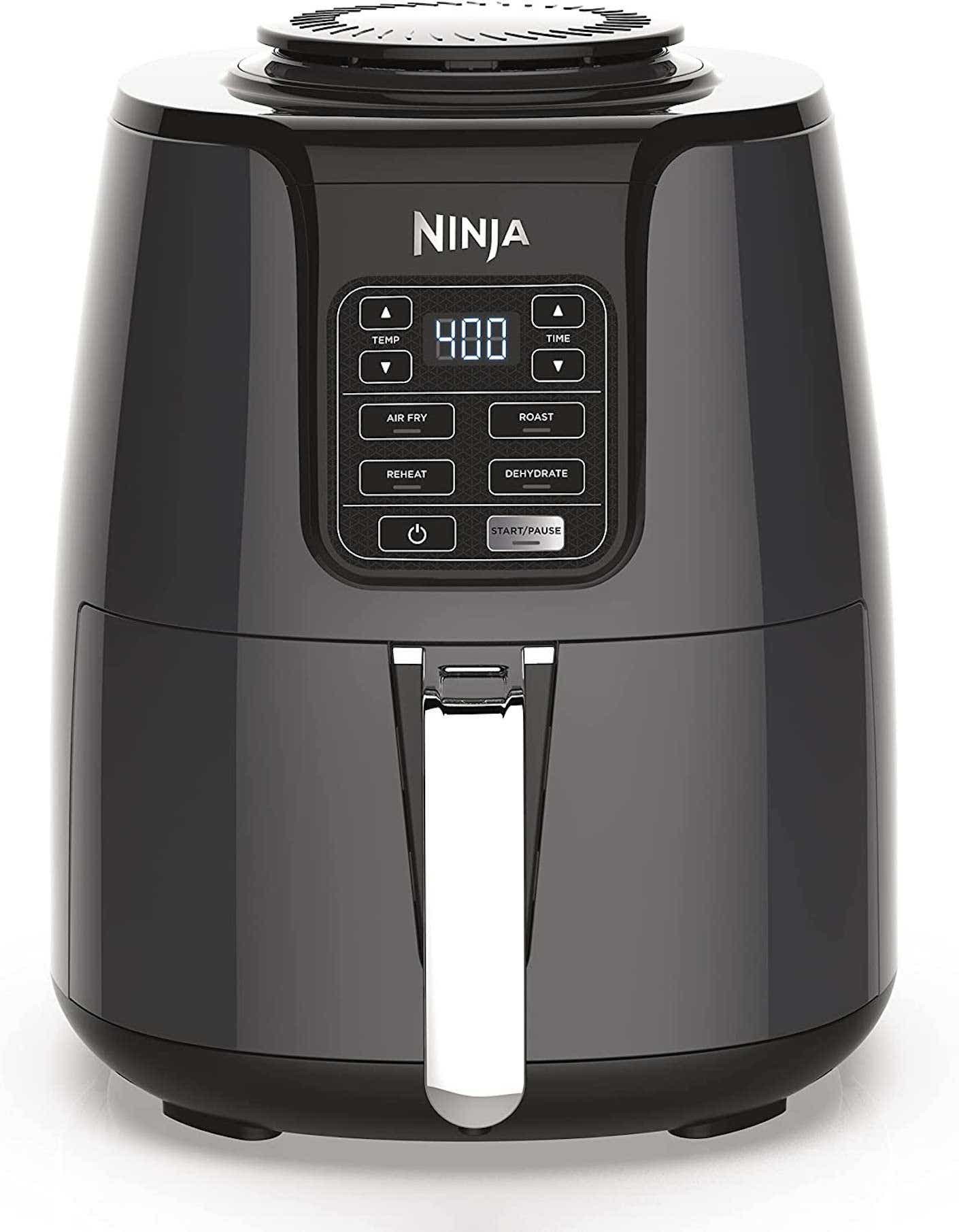 A black Ninja air fryer with a silver handle.