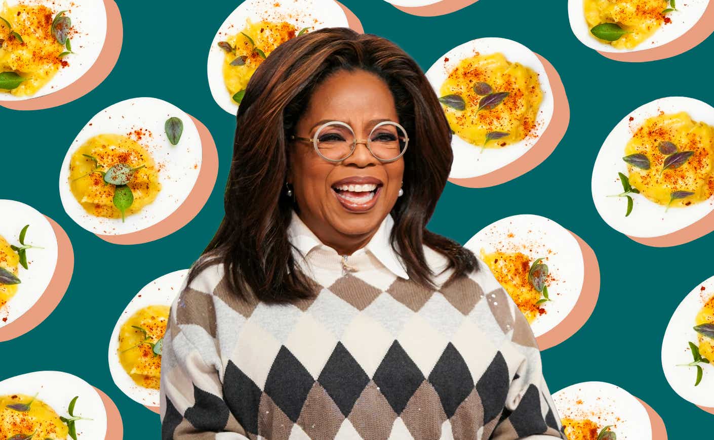 Oprah Winfrey smiles widely in front of a background of floating deviled egg graphics.