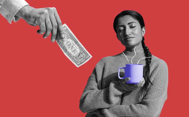 A woman wearing earbuds and holding a cup of coffee is approached by a disembodied hand holding out a dollar bill.