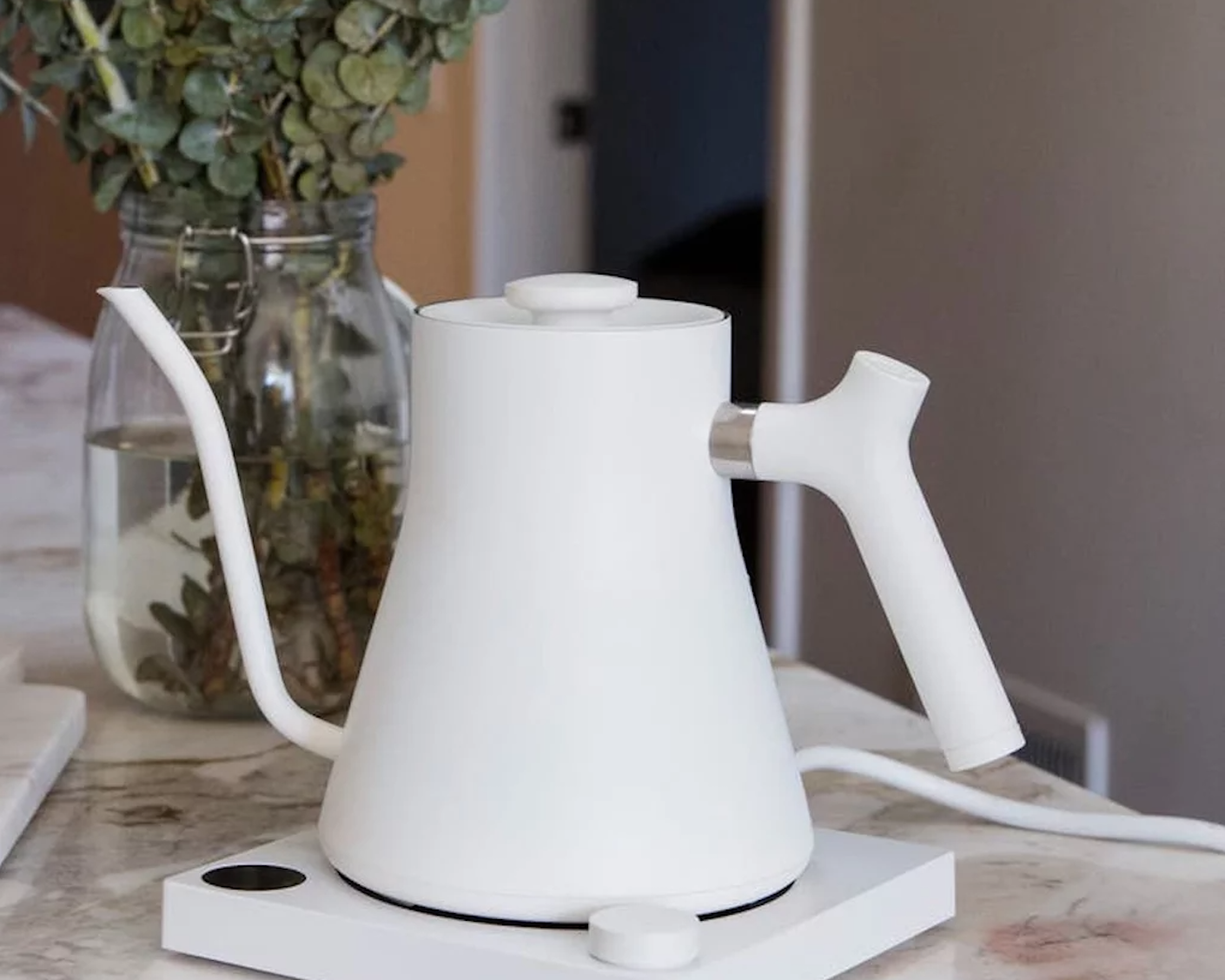 A modern, totally white electric kettle pictured in a kitchen full of leafy plants.