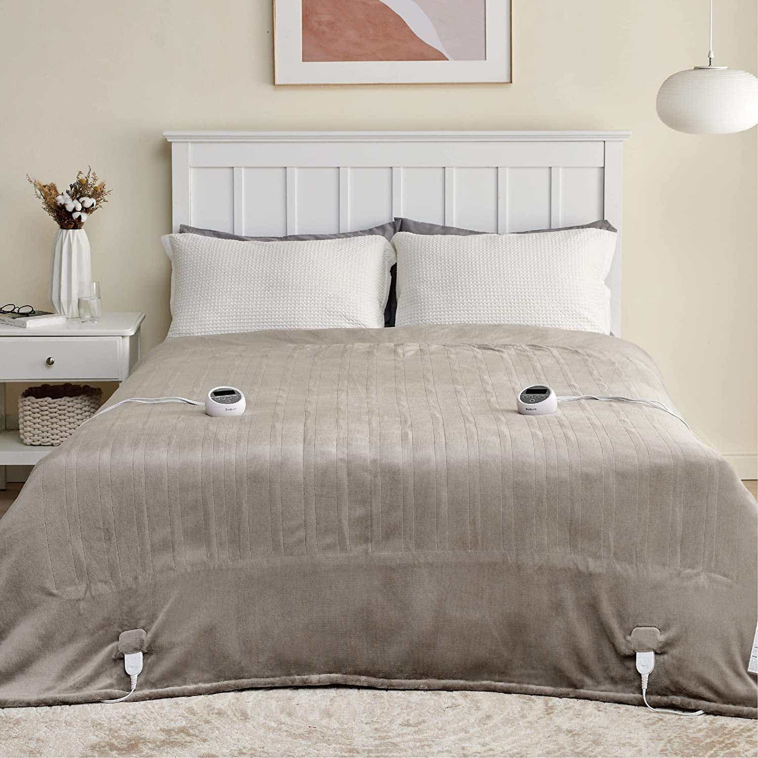 beige bedroom with beige blanket