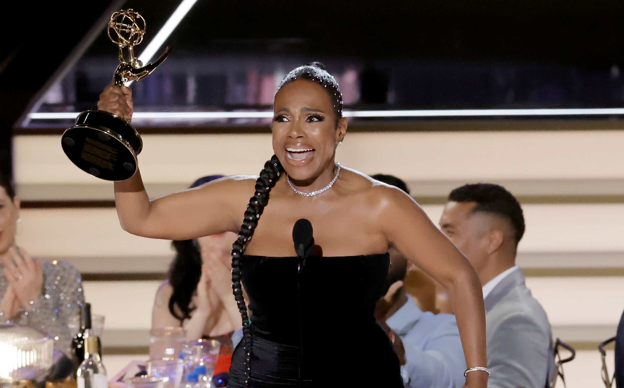 Sheryl Lee Ralph (R) accepts Outstanding Supporting Actress in a Comedy Series for "Abbott Elementary" onstage during the 74th Primetime Emmys