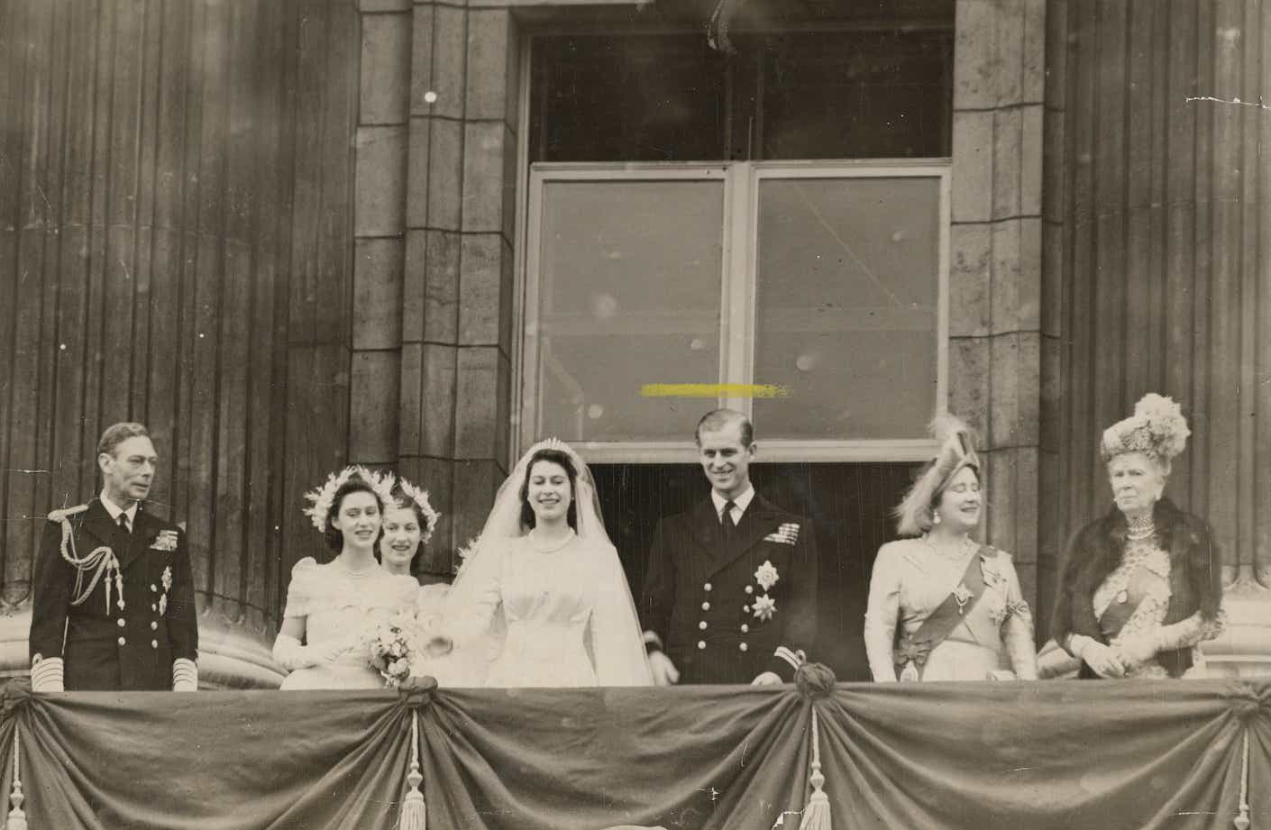 Members of the British royal family on the balcony at Buckingham Palace after the wedding of Princess Elizabeth and Philip Mountbatten in 1947.