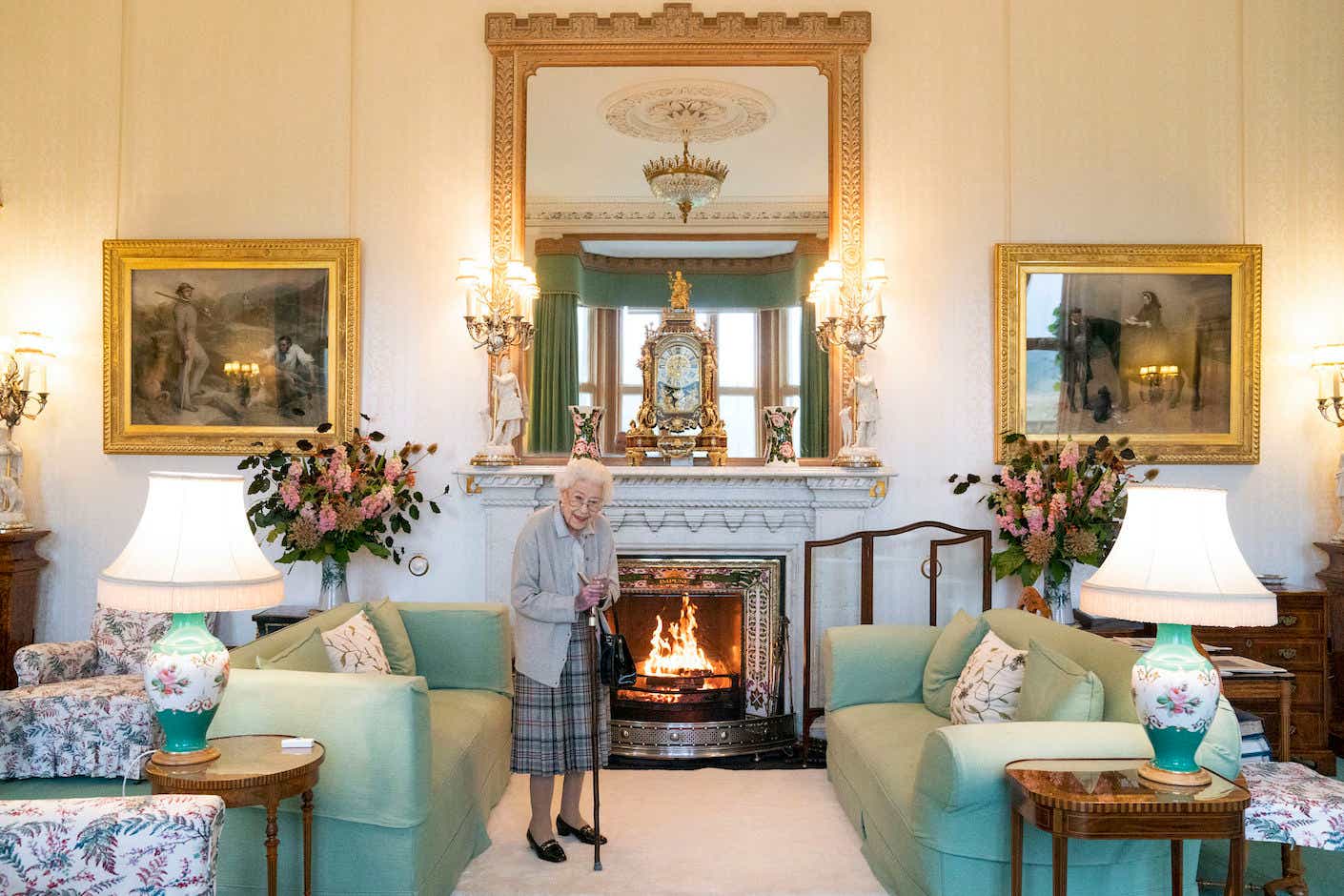 Queen Elizabeth II waits in the Drawing Room before receiving newly elected leader of the Conservative party Liz Truss at Balmoral Castle on September 6, 2022.