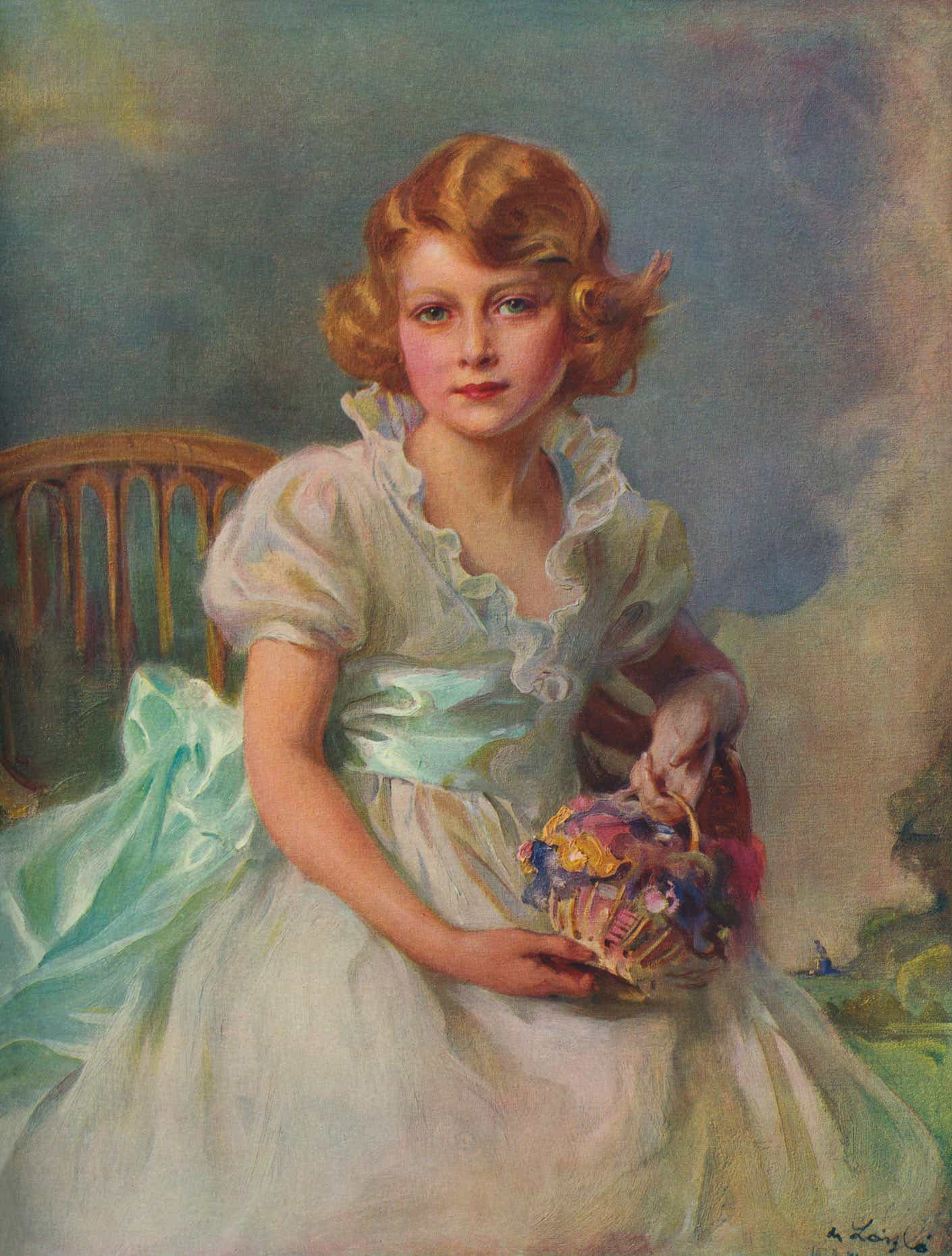 A 1936 portrait of the young princess sitting with a basket of flowers in her hands.