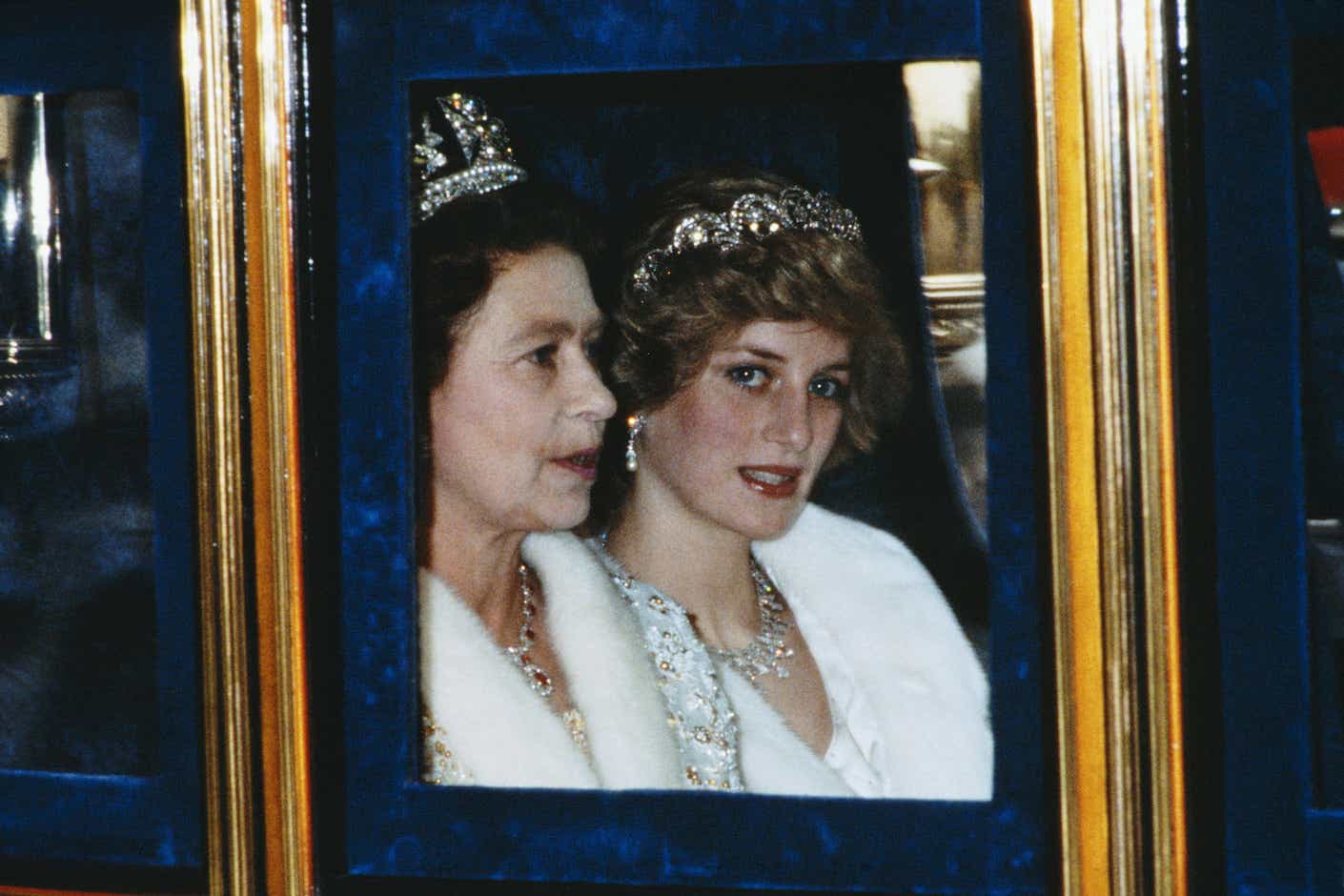 The Princess of Wales and the Queen attend the Opening of Parliament in 1982, both wearing jewels and furs.