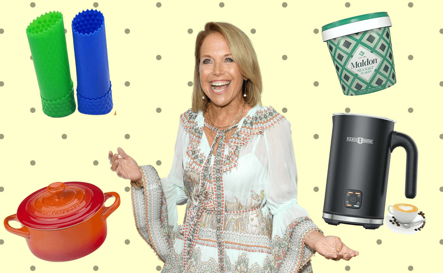 Katie Couric surrounded by some of her favorite cooking tools