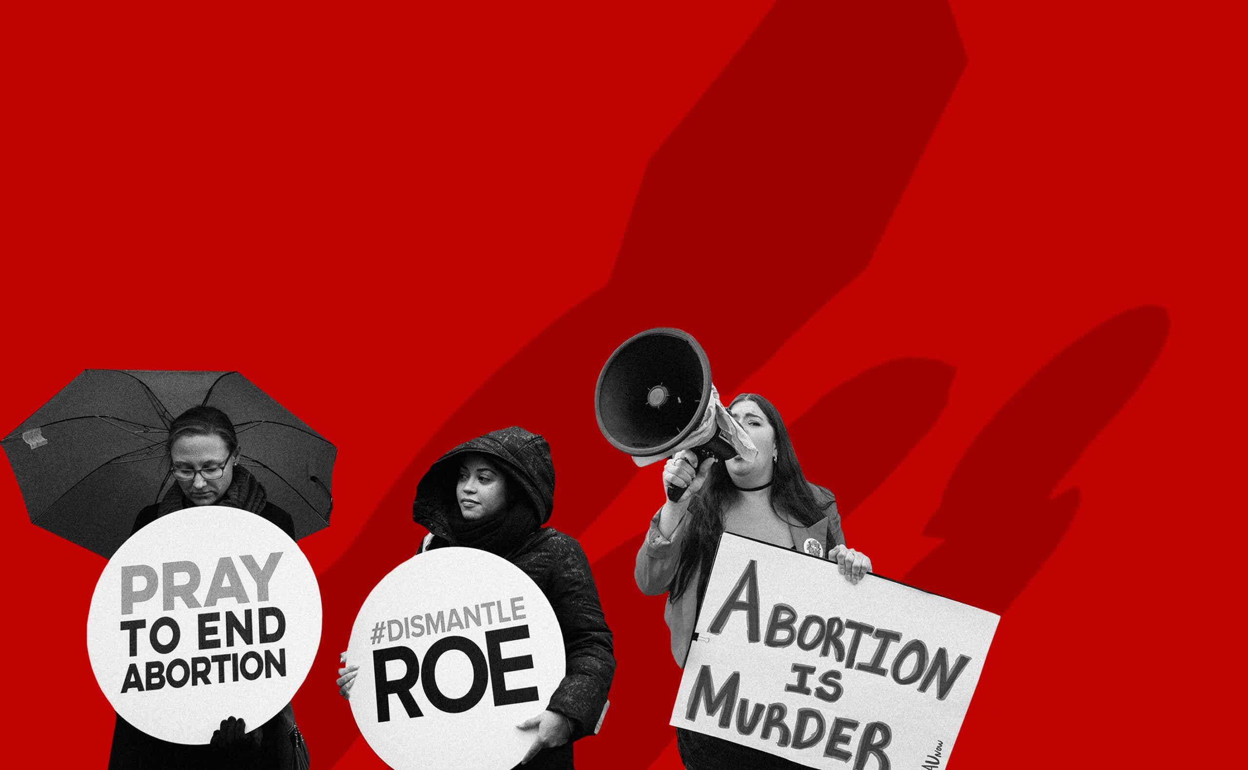 Abortion protestors on red background