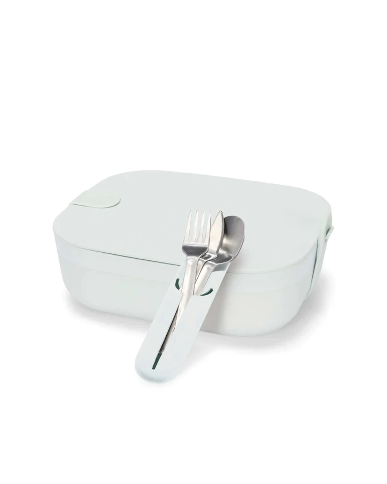 A Bento-inspired hard, rectangular lunch box sits aside an accompanying silverware set of a fork and spoon in a silicone sleeve.