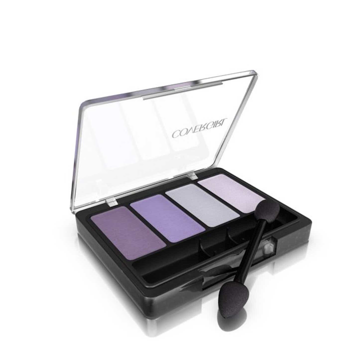 An eyeshadow palette is open to show that it holds four shades of cool purple.