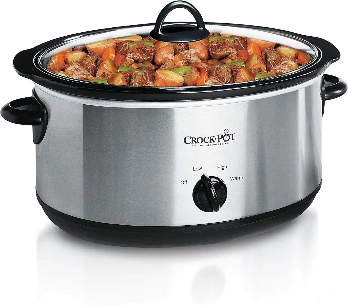 A silver crock pot with black accents holds simmering beef and vegetable stew.