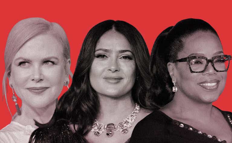Black and white images of Oprah Winfrey, Salma Hayek, and Nicole Kidman are collaged together over a red background.