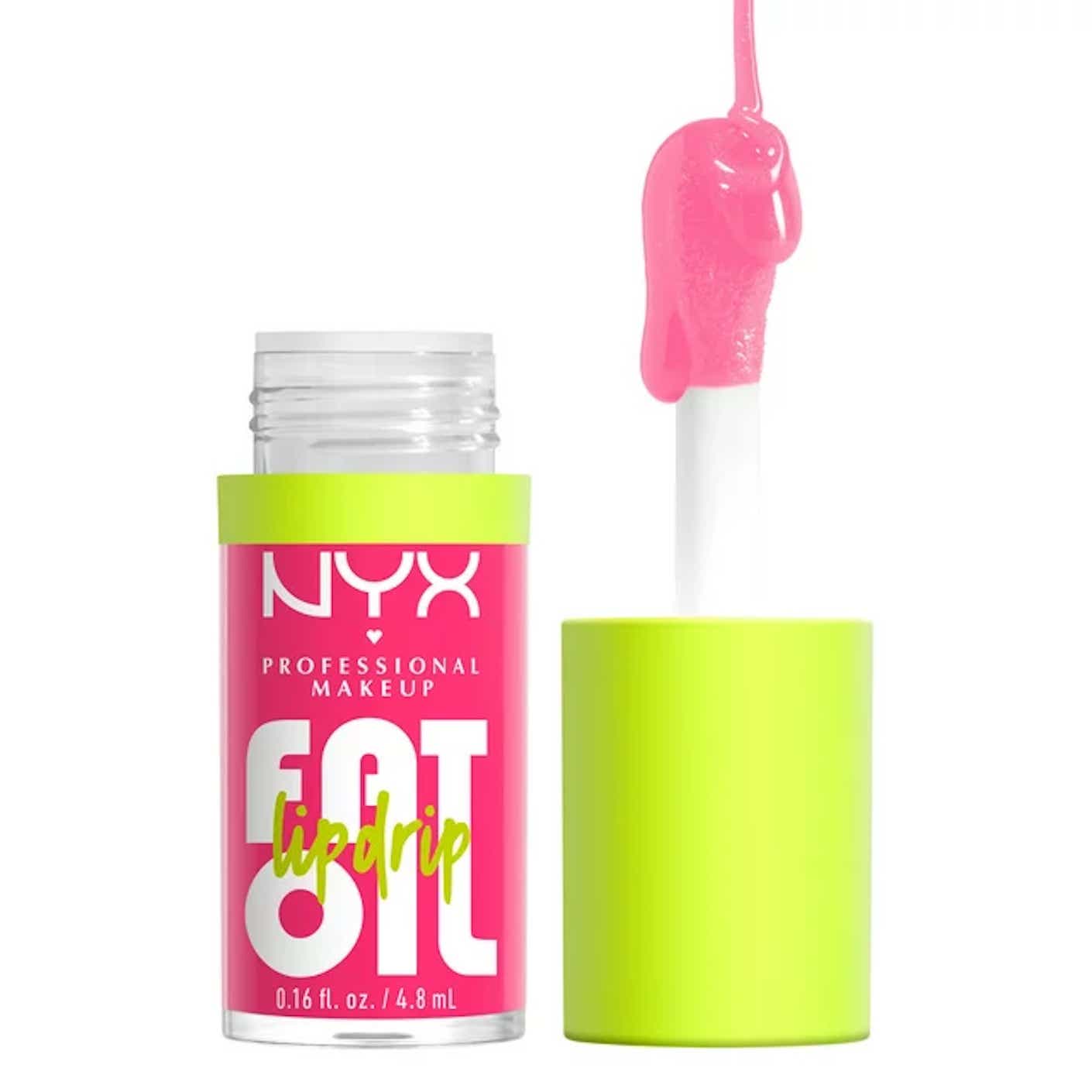 A small container of bright pink lip gloss.