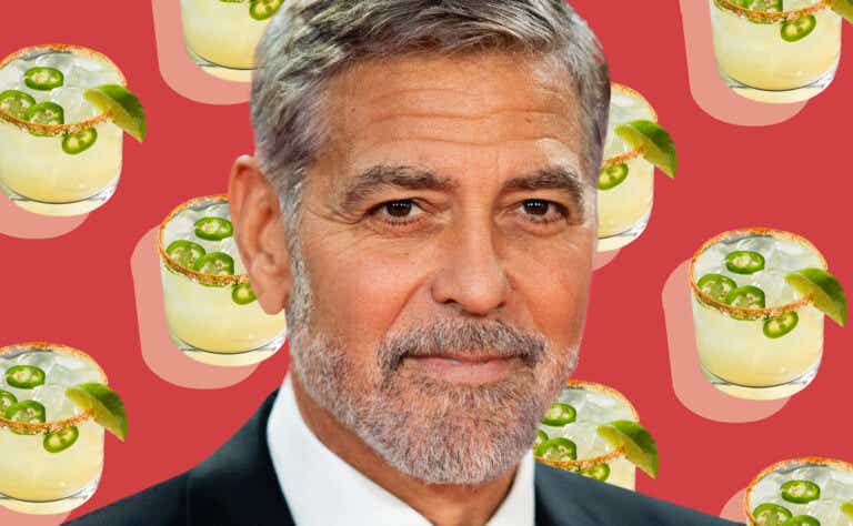 A close-up of George Clooney's face is collaged onto a red background studded with jalapeno margaritas.