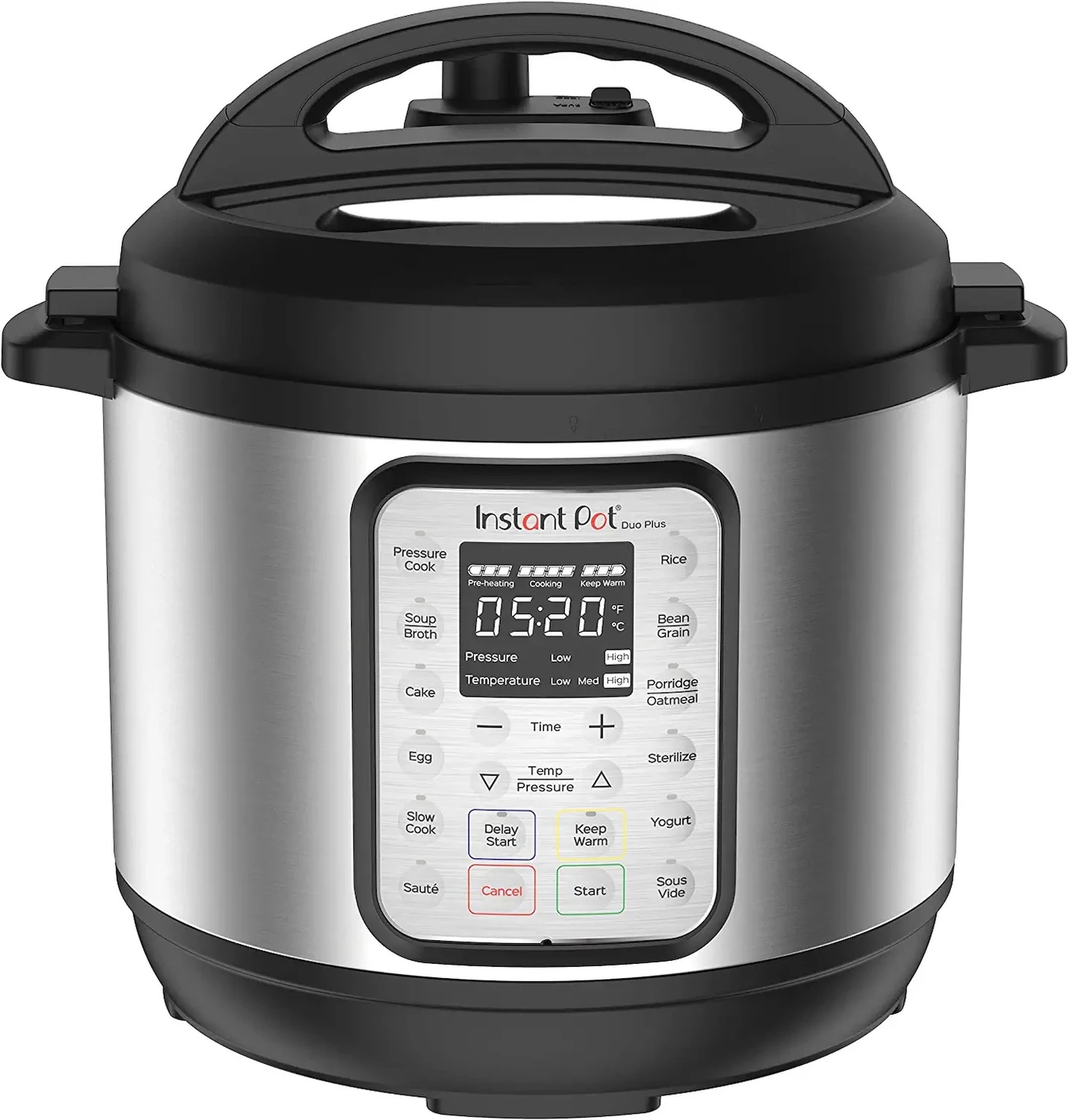 A metal instant pot with black accents and a light up display sits in front of a white background.