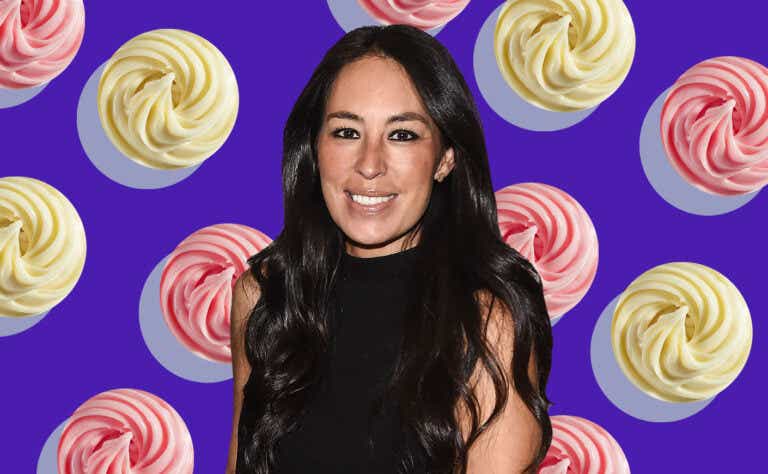 Joanna Gaines stands smiling in front of a collaged background of dishes of butter set against a purple background.