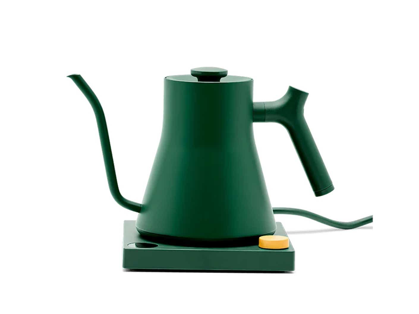 A forest green electric kettle with a lung, curvy spout sits in front of a white background.