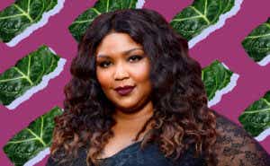 A close up image of Lizzo appears over a purple background studded with repeated images of collard greens.