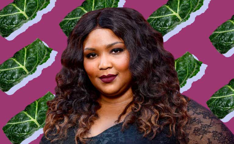 A close up image of Lizzo appears over a purple background studded with repeated images of collard greens.